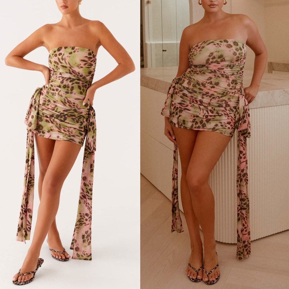 Peppermayo NWT Georgie Ruched Mesh Mini Dress in Swirl Leo Size 6